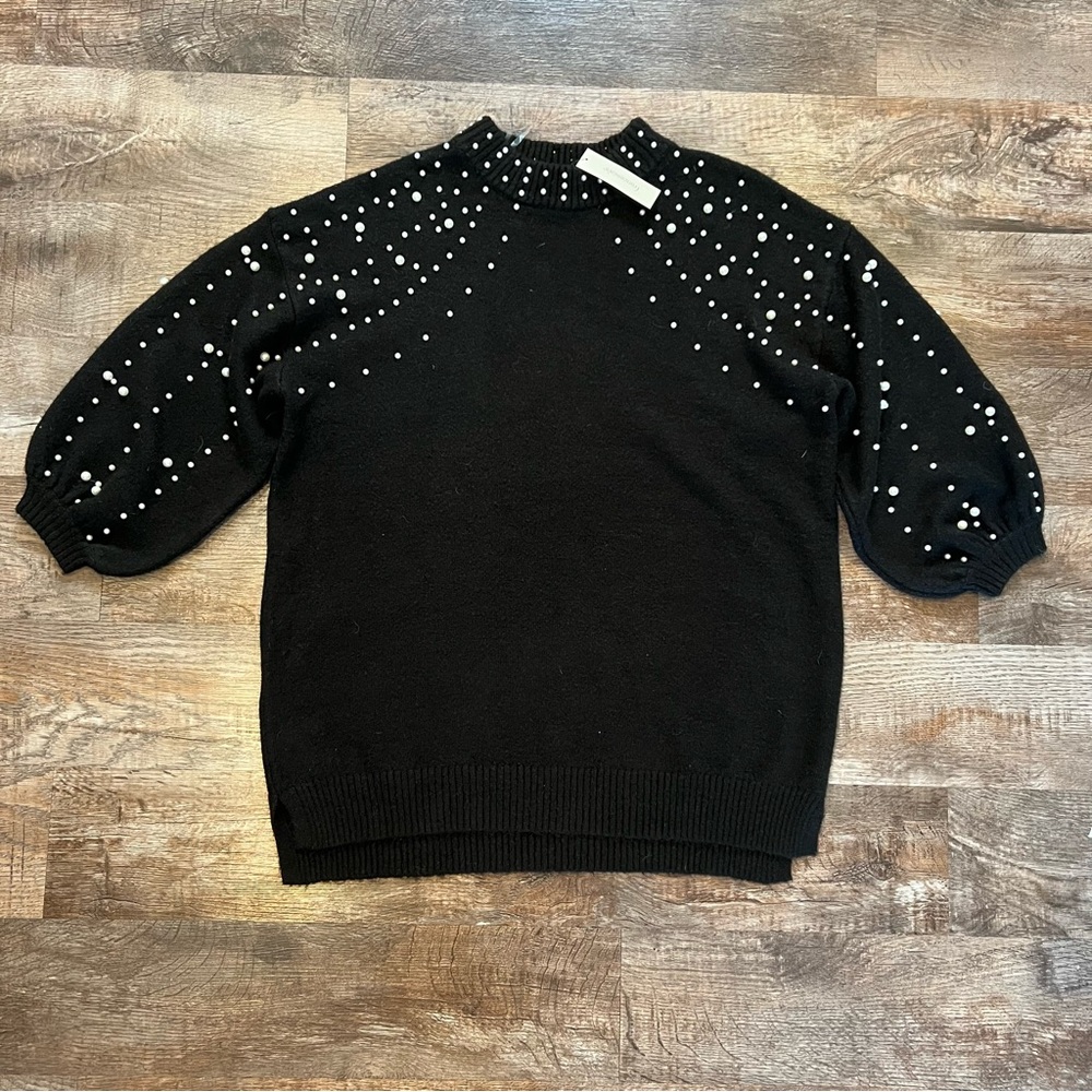 NWT Blue Rain From Francesca’s Black Sweater Dress With Pearl Bead Accents Small